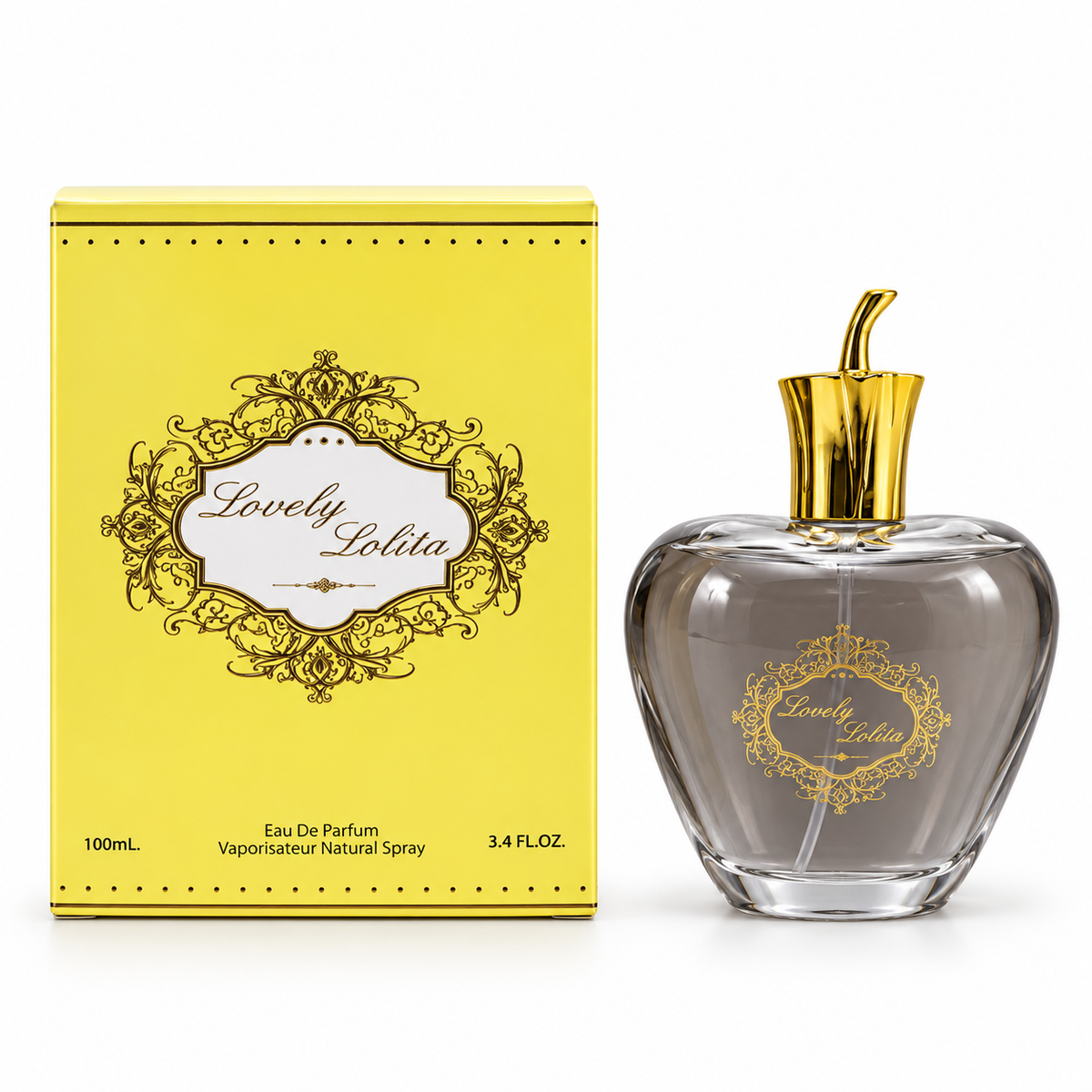 Lovely Lolita 100 ml eau de parfum in an apple-shaped bottle with a gold-tone stem cap beside its yellow box