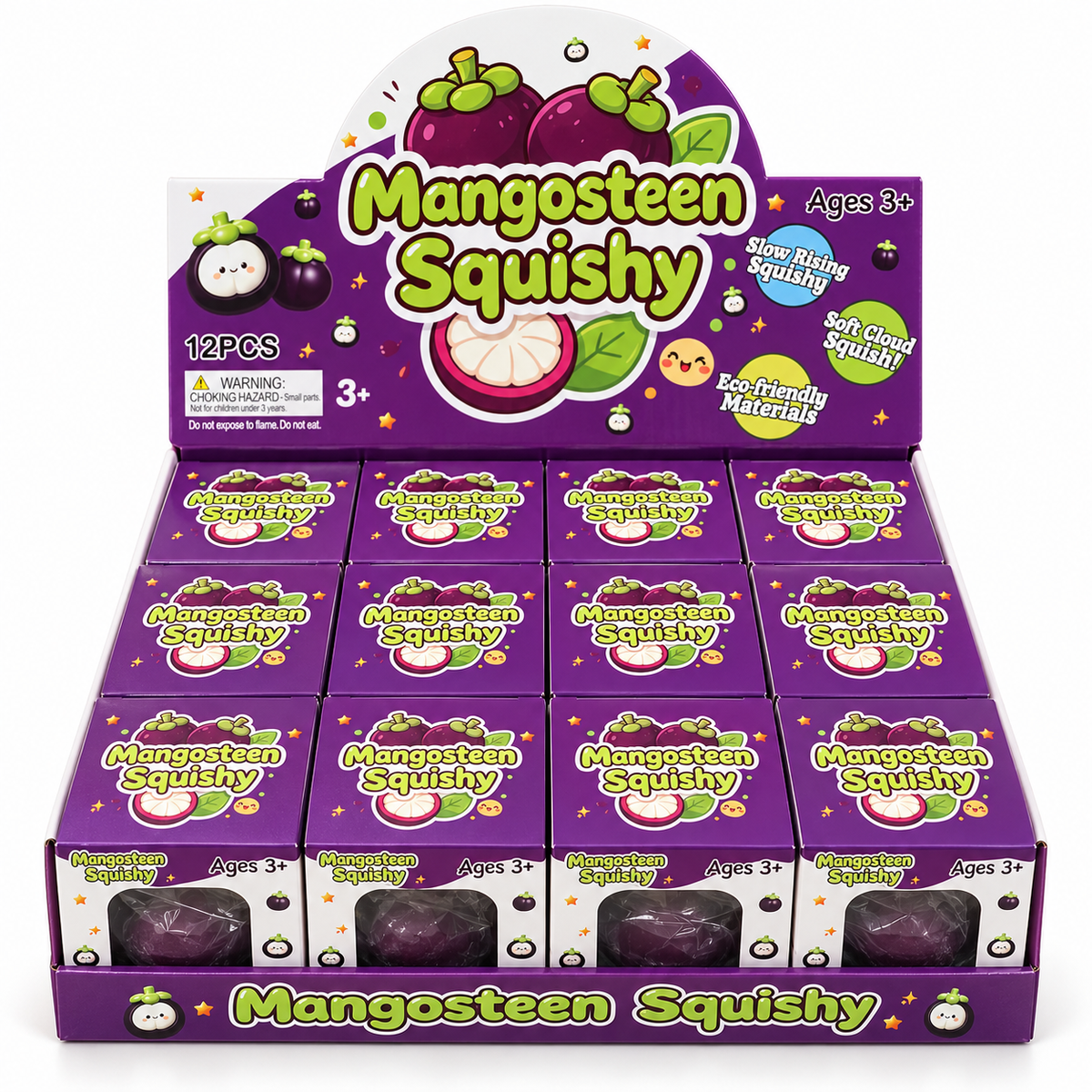 Mangosteen Squishy retail display with twelve individually boxed toys; sold individually