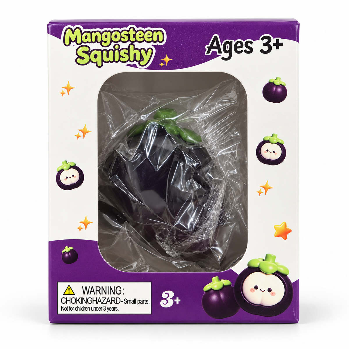 Mangosteen Squishy toy in individual purple and white window box