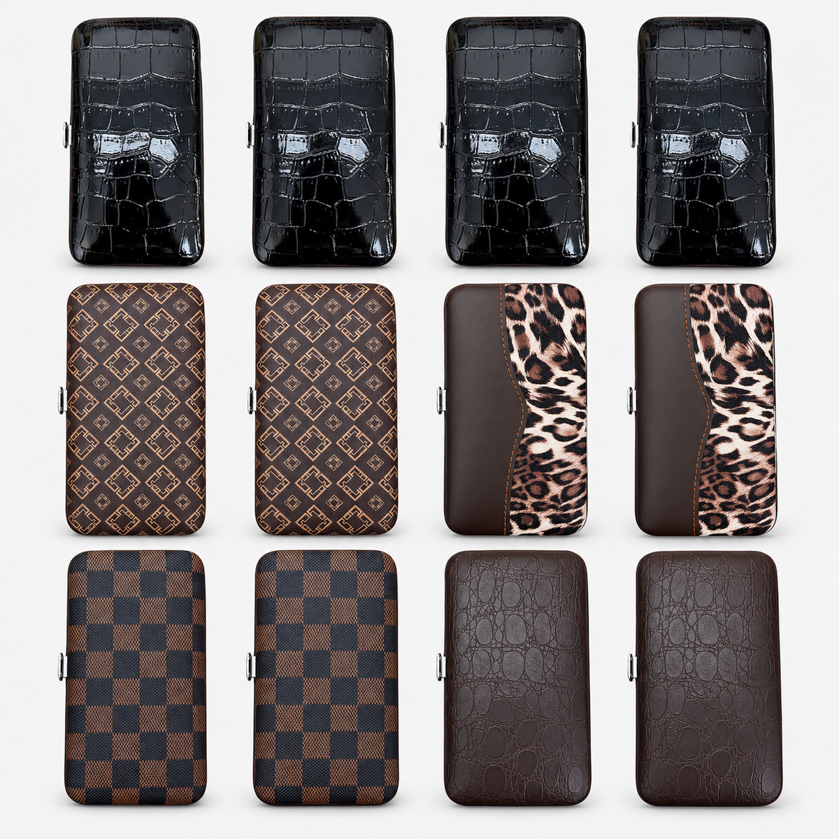 Complete dozen assortment: 4 black, 2 brown geometric, 2 leopard, 2 brown checkerboard and 2 brown embossed manicure sets.