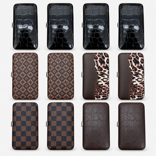 Complete dozen assortment: 4 black, 2 brown geometric, 2 leopard, 2 brown checkerboard and 2 brown embossed manicure sets.