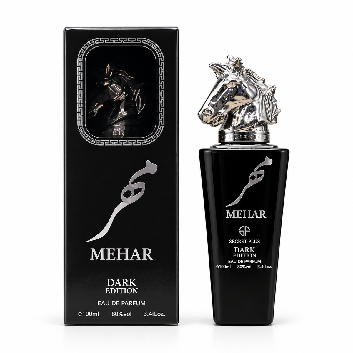 Mehar Dark Edition 100 ml eau de parfum in a black bottle with a silver-tone horse-head cap beside its black box