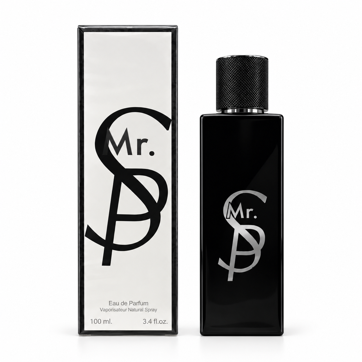 Mr. SP 100 ml eau de parfum in a tall black bottle with a textured cap beside its black-and-silver box