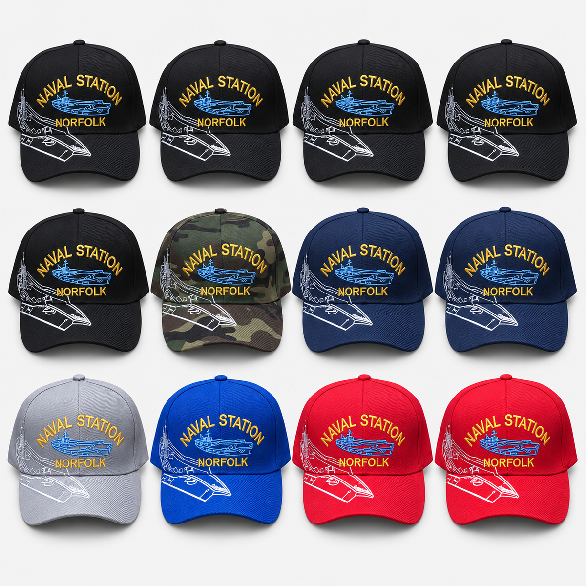 Naval Station Norfolk caps: complete dozen with 5 black, 2 navy, 2 red, 1 camouflage, 1 gray and 1 royal blue