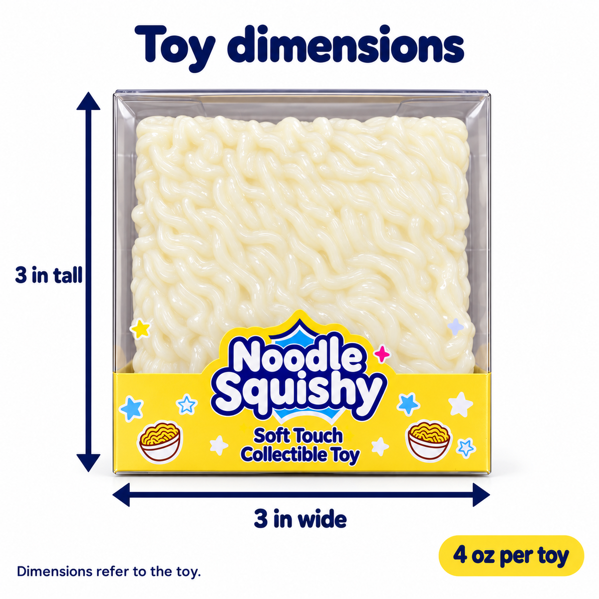 Noodle Squishy with vertical and horizontal arrows: toy size 3 inches tall by 3 inches wide; weight 4 ounces per toy.
