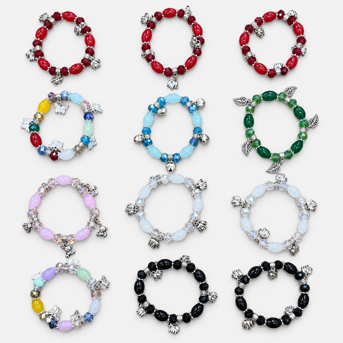 Complete 12-bracelet assortment of oval bead charm bracelets: 3 red, 2 multicolor, 1 aqua, 1 green, 1 lavender, 2 milky white and 2 black.
