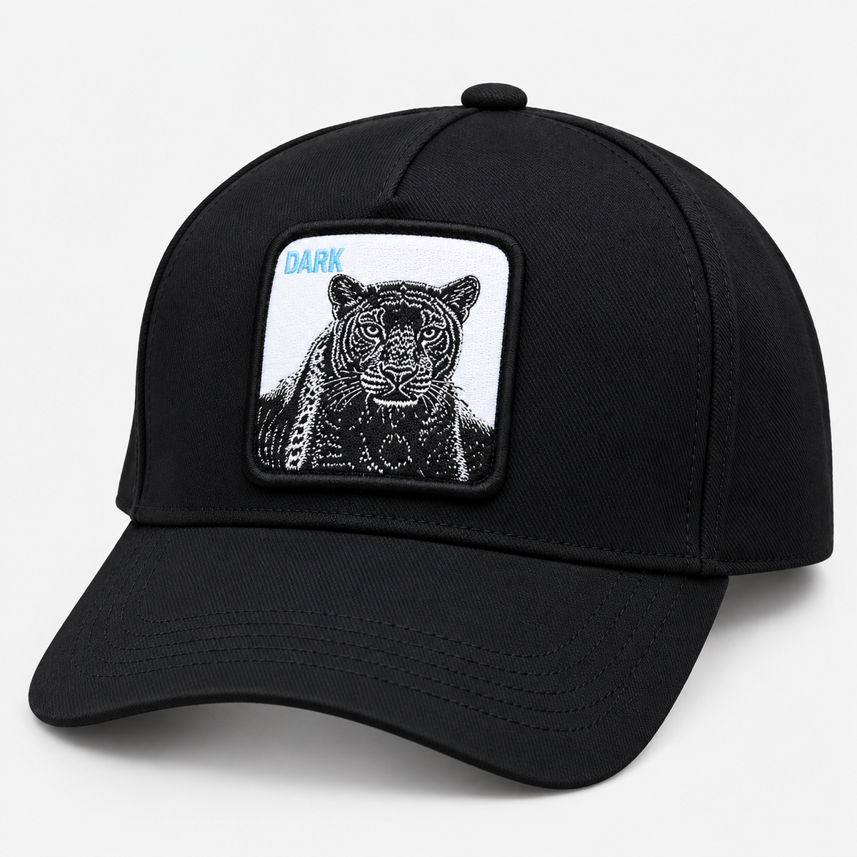 Black panther patch baseball cap with DARK lettering, facing left