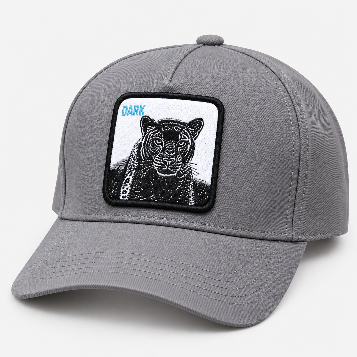 Gray panther patch baseball cap with DARK lettering, facing left