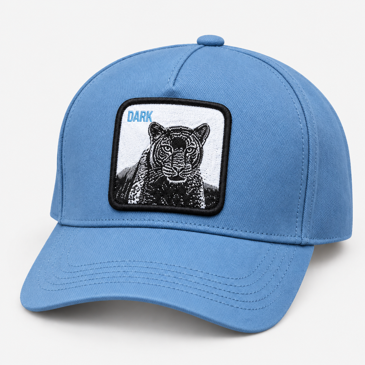 Light blue panther patch baseball cap with DARK lettering, facing left