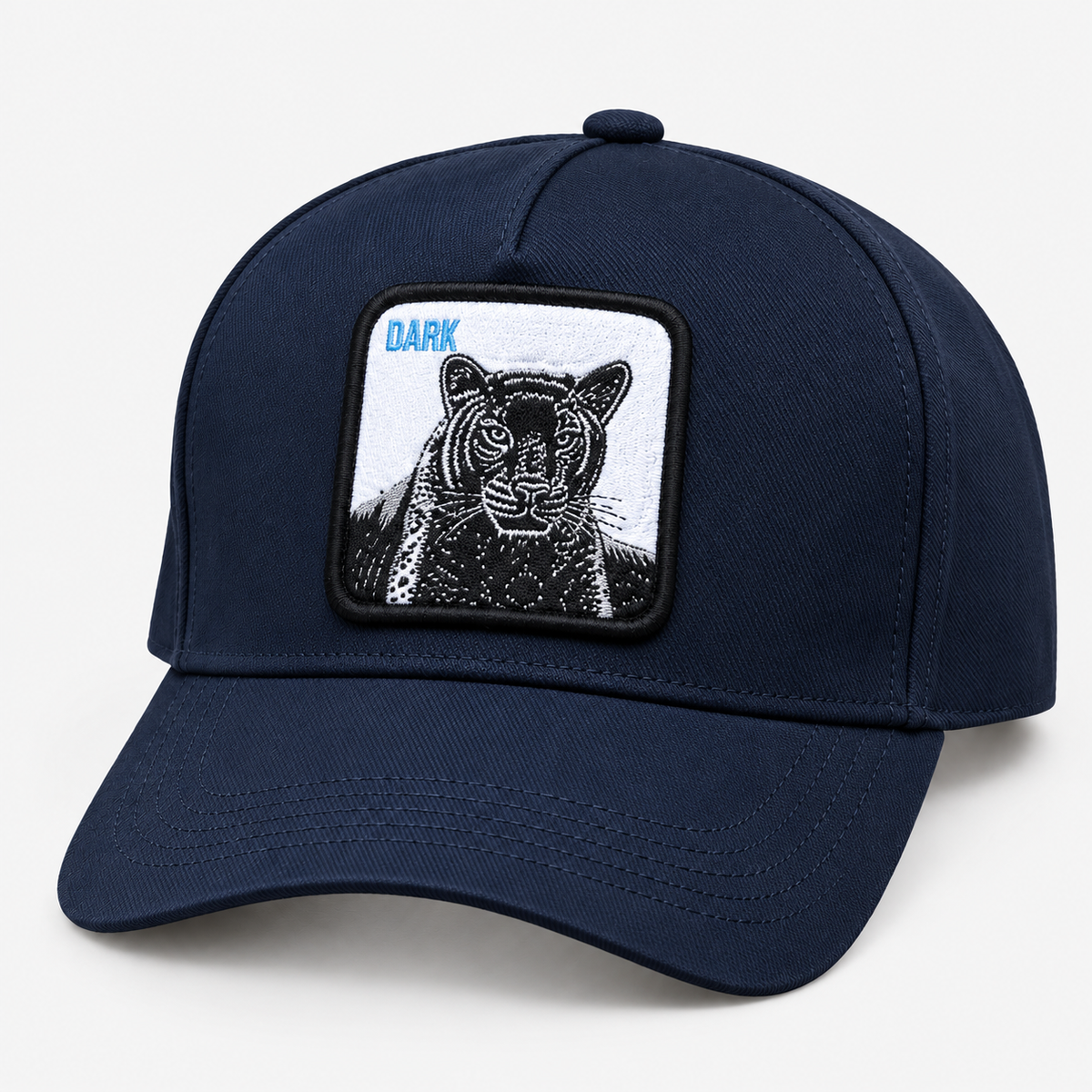 Navy panther patch baseball cap with DARK lettering, facing left