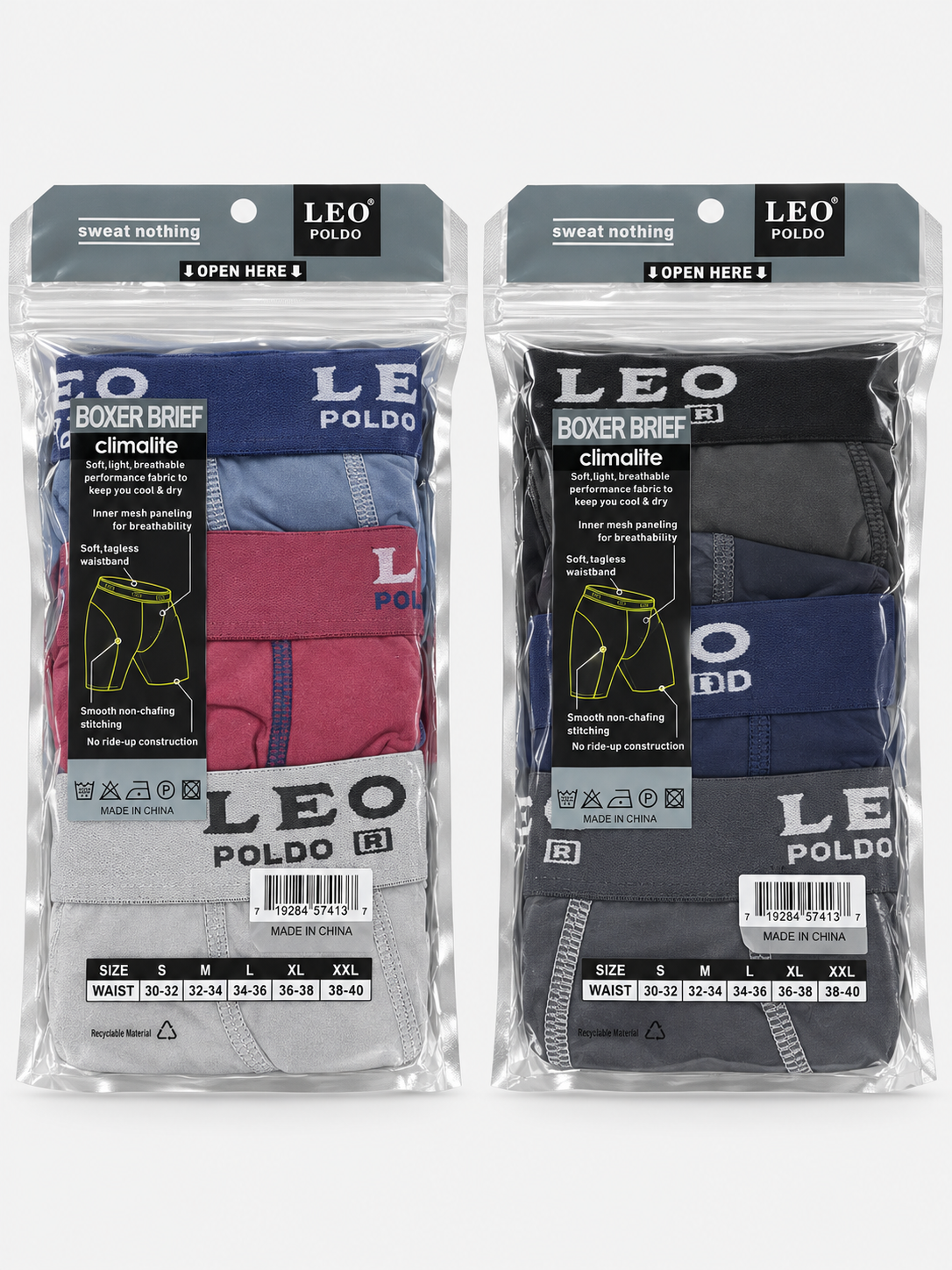 Two sealed LEO POLDO boxer brief three-packs showing examples of the six possible colors; colors are random