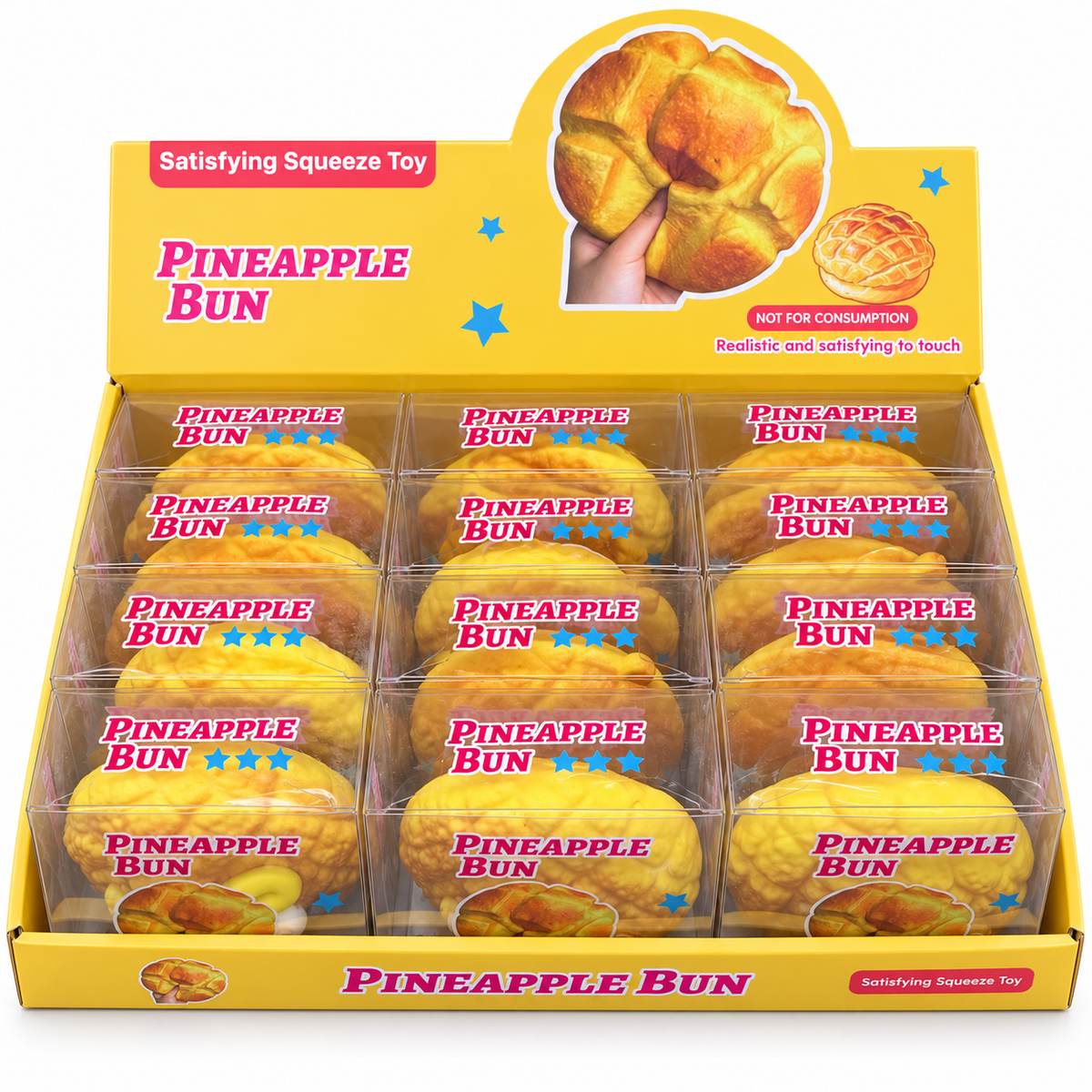 Pineapple Bun Squishy retail display with twelve boxed toys; sold individually