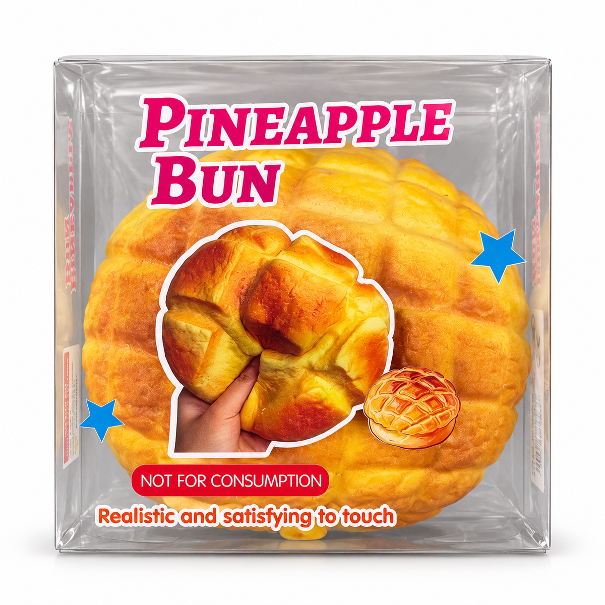 Pineapple Bun Squishy toy in its individual clear retail box