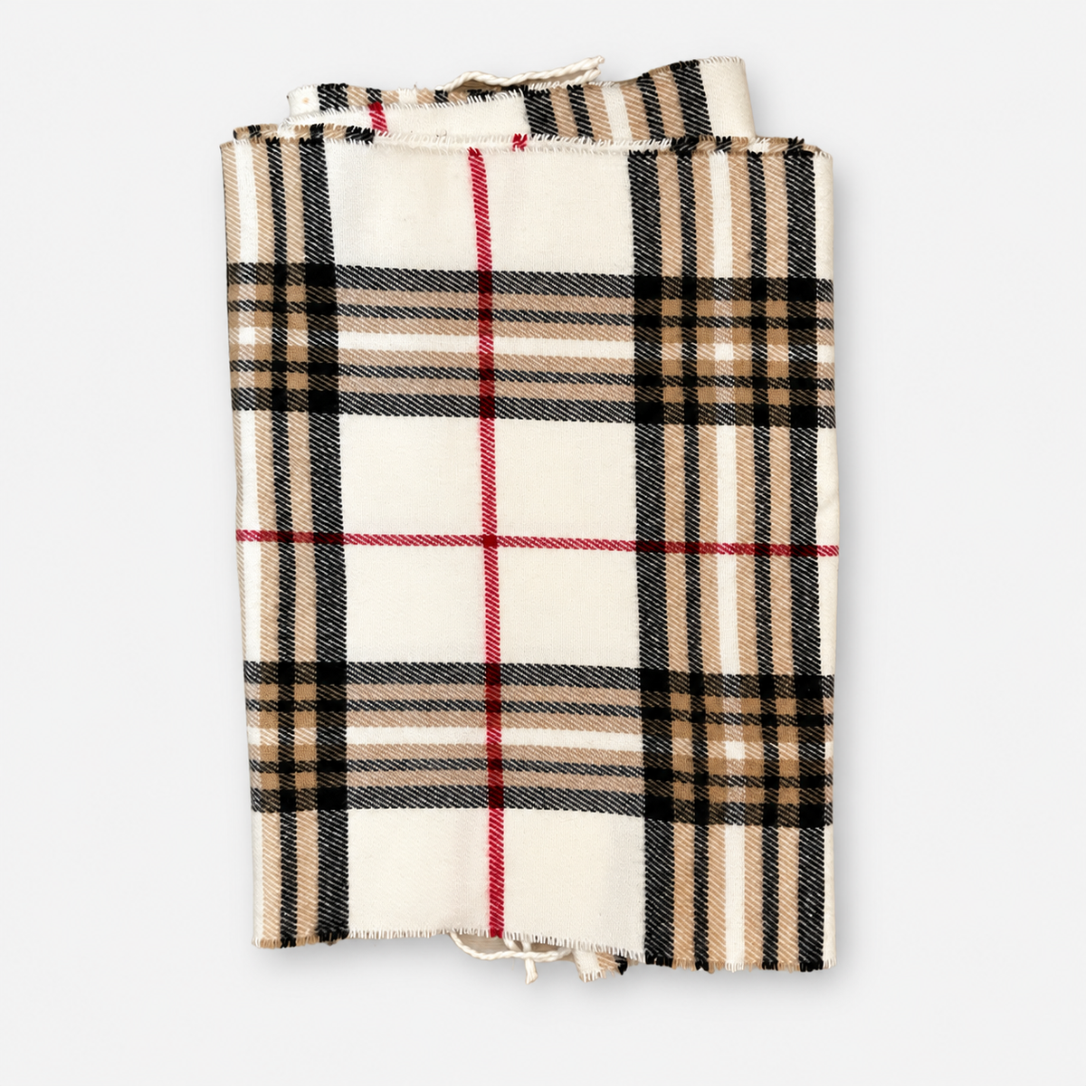 Cream plaid fringe scarf, folded front view