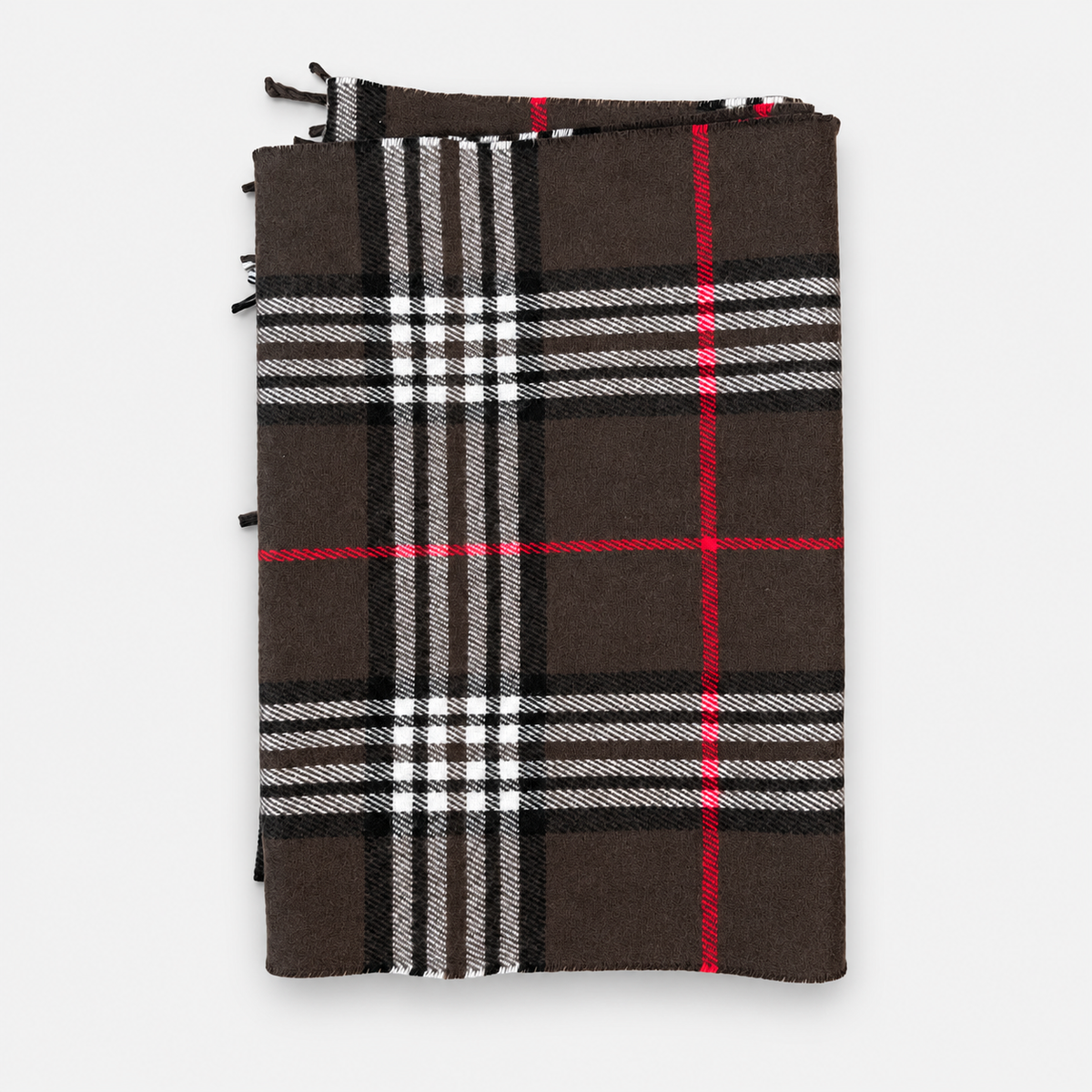 Dark Brown plaid fringe scarf, folded front view