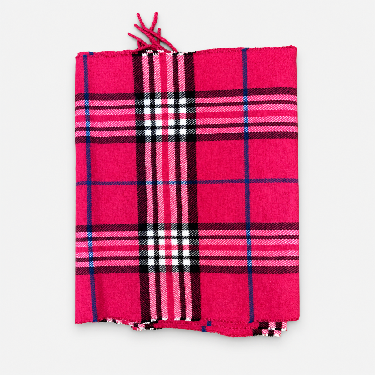 Hot Pink plaid fringe scarf, folded front view