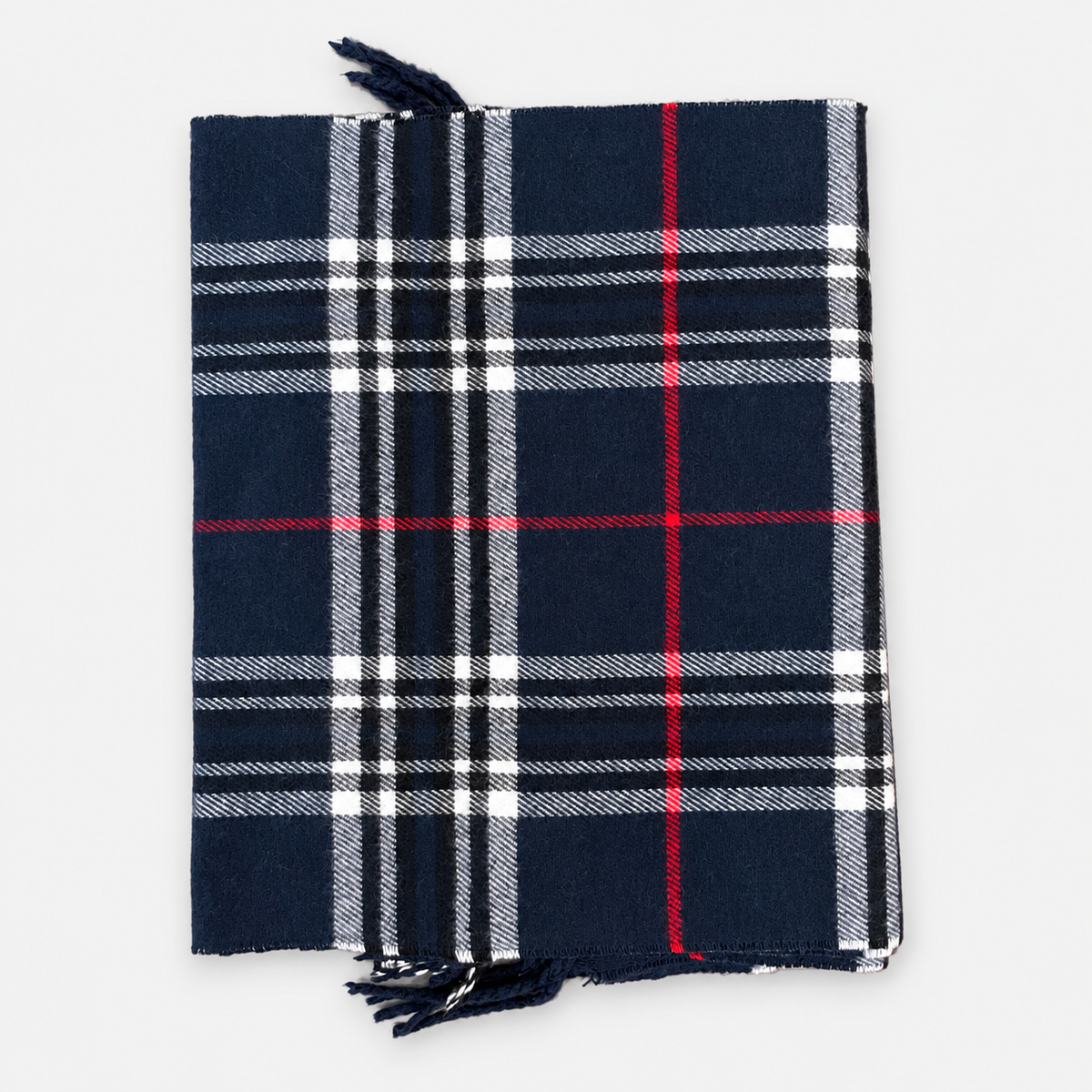 Navy plaid fringe scarf, folded front view