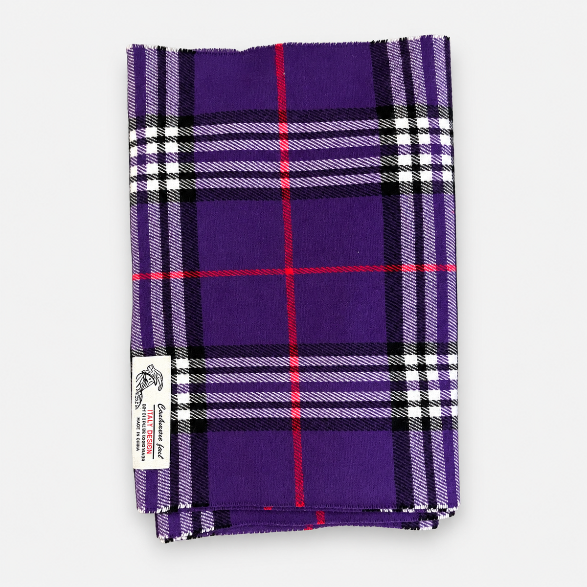 Purple plaid fringe scarf, folded front view