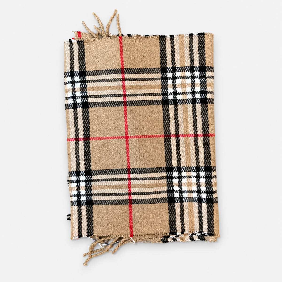 Tan plaid fringe scarf, folded front view