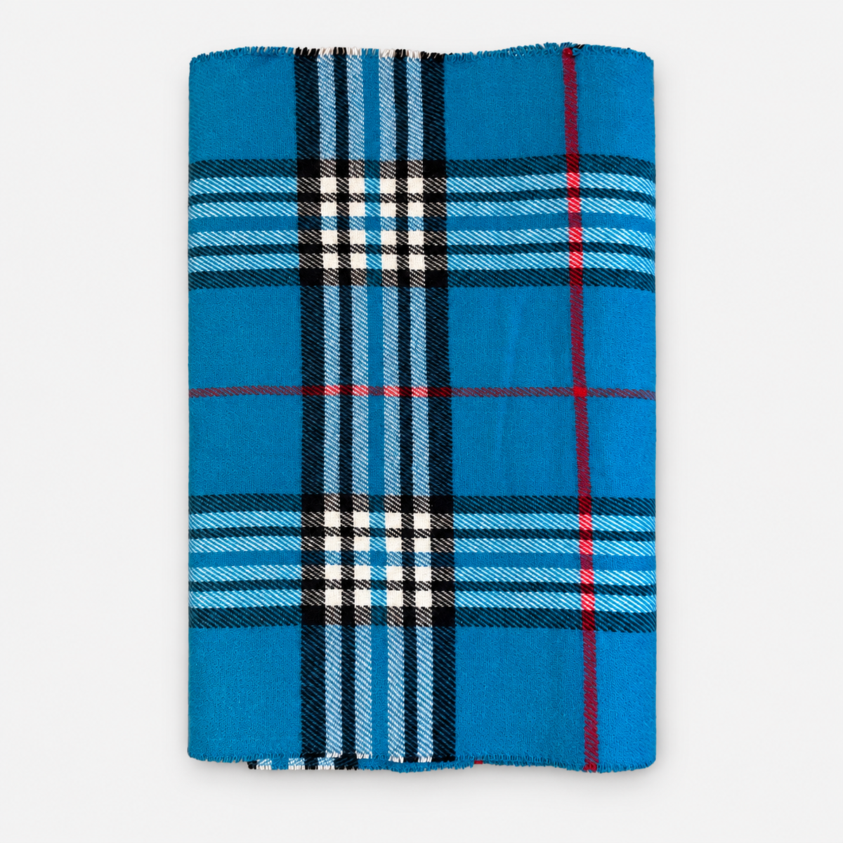 Turquoise plaid fringe scarf, folded front view