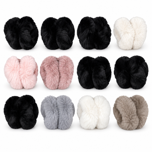 Twelve folded plush earmuffs in black, white, pink, dusty rose, gray and taupe