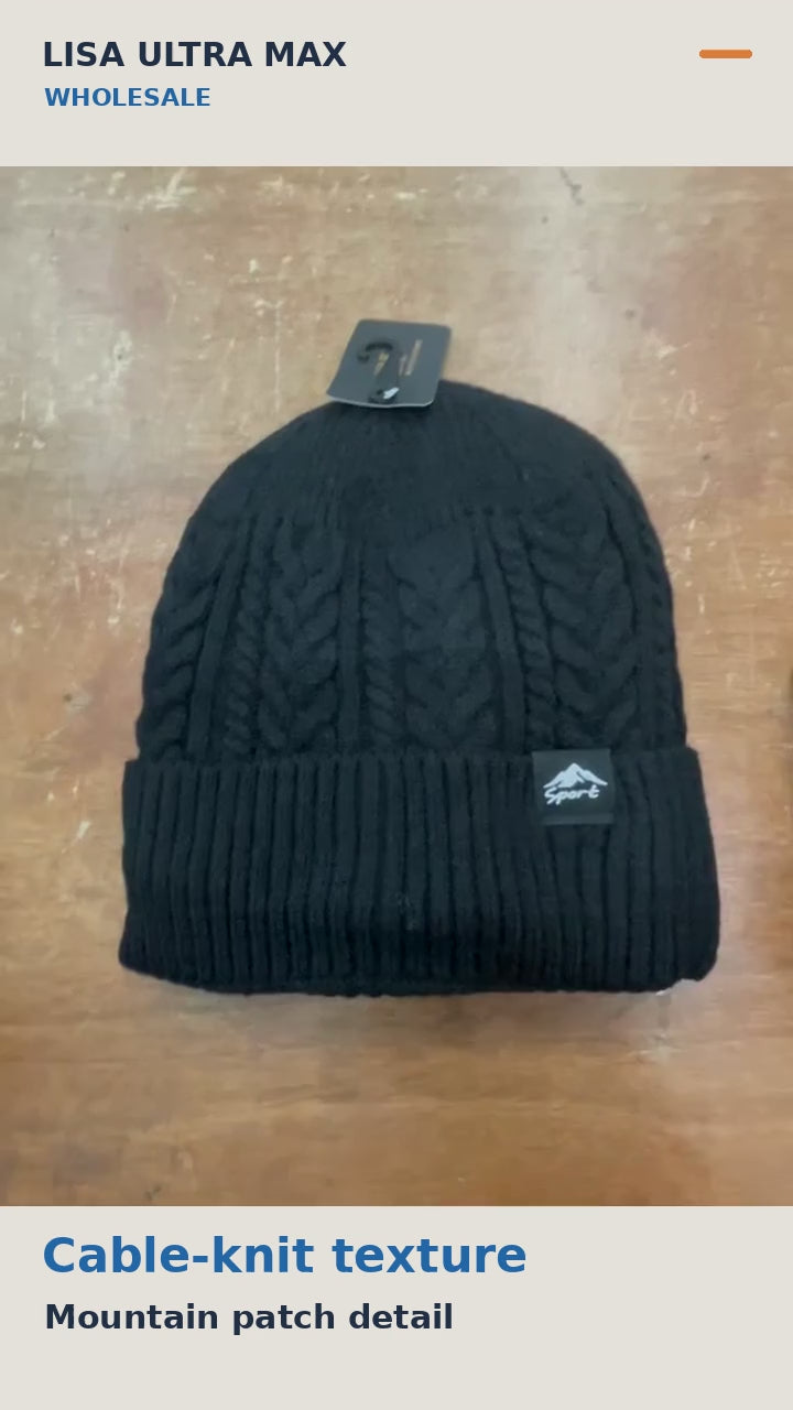 Mountain Patch Cable Knit Beanie: revised cable-knit and interior demonstration without finger-running, matching mannequin view, and five-color assortment.