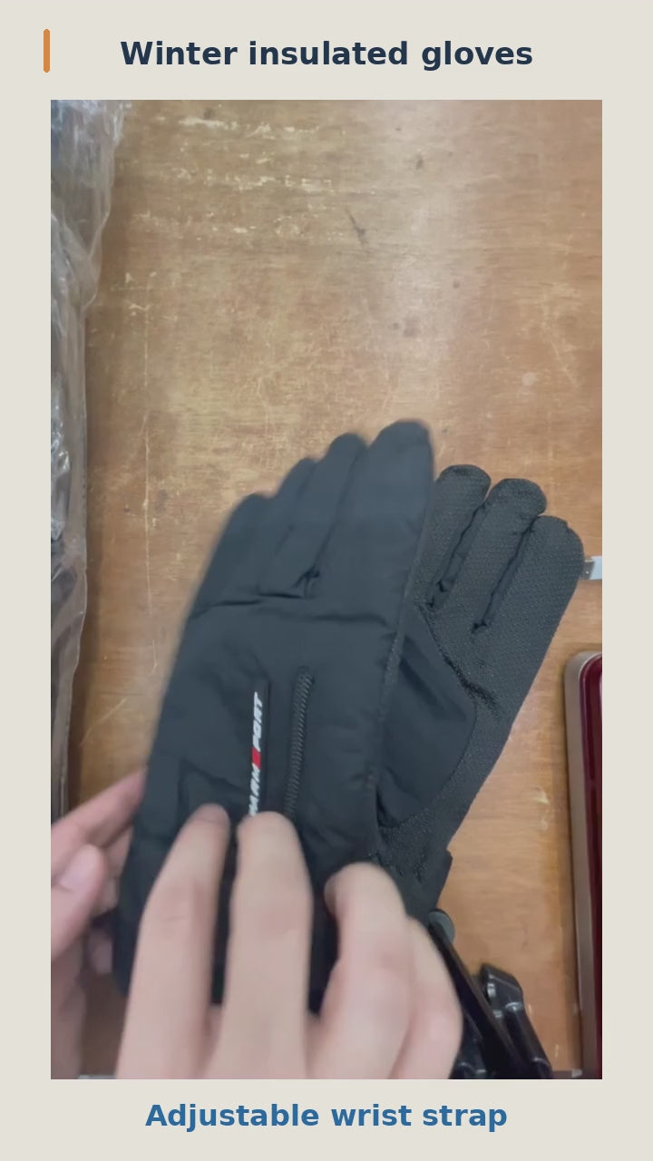 Winter insulated gloves: wrist strap, soft lining, palm and finger details, with color assortment. 12-second silent product video.