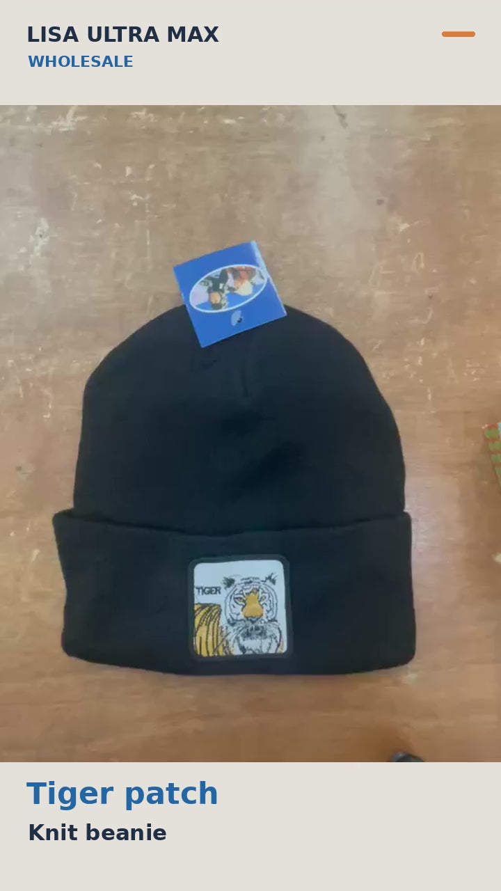 Tiger patch knit beanies: material demonstration and mannequin view, five colors, single hat $3.49 or mixed dozen $30. Lisa Ultra Max Wholesale.