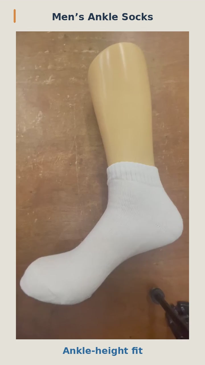 Men's ankle socks: natural-speed ankle fit, stretch demonstration, and cuff and interior details, followed by available colors and patterns. 12-second silent product video.
