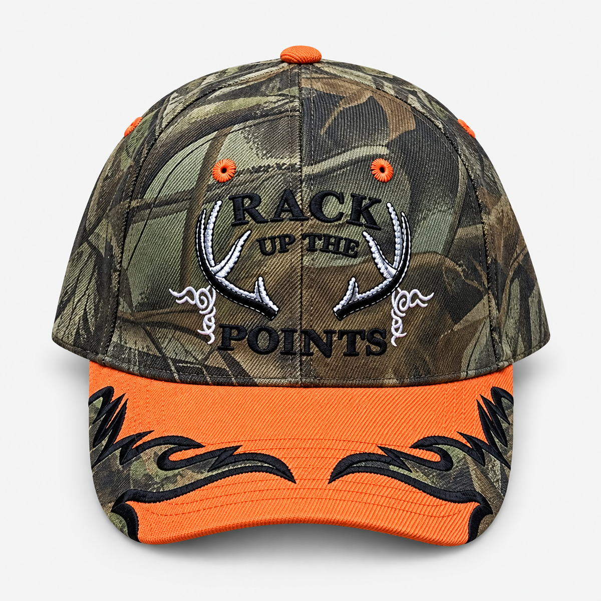 Rack Up the Points cap, camouflage crown and orange brim