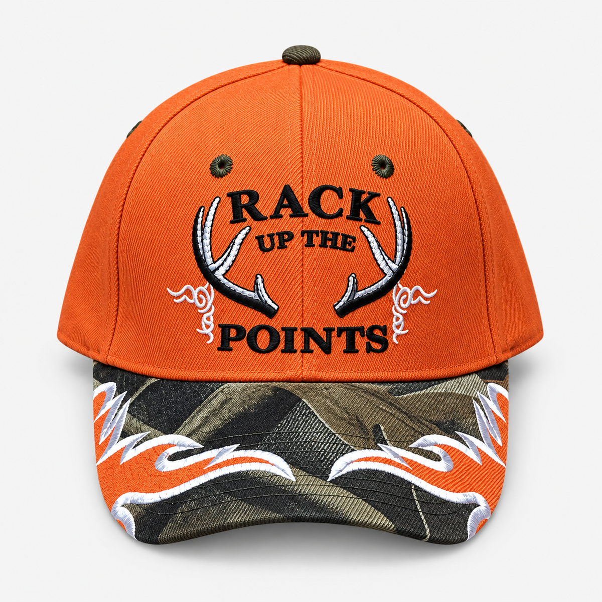 Rack Up the Points cap, orange crown and camouflage brim
