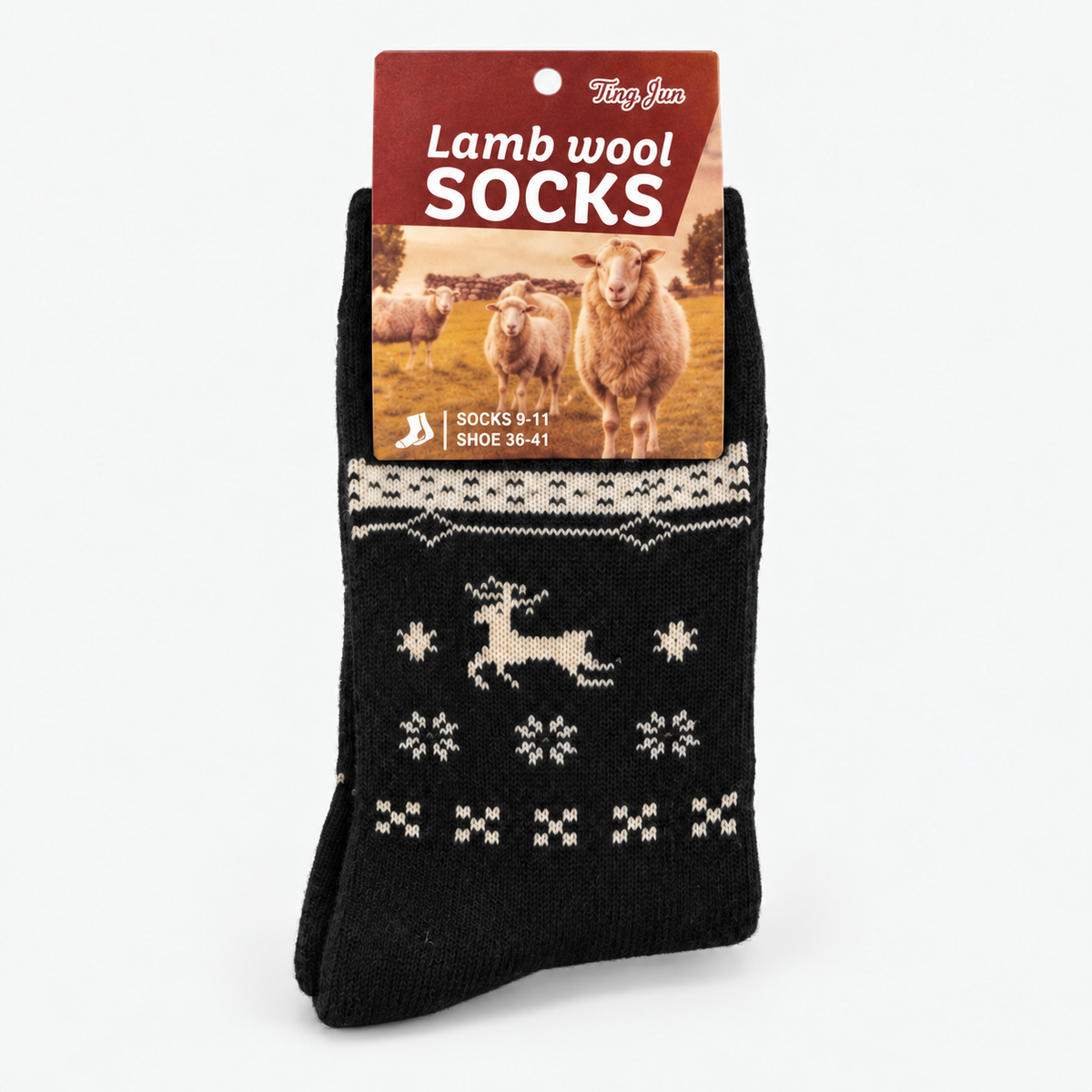 Black reindeer pattern winter socks, one tagged pair