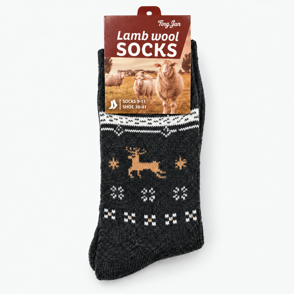 Charcoal gray reindeer pattern winter socks, one tagged pair