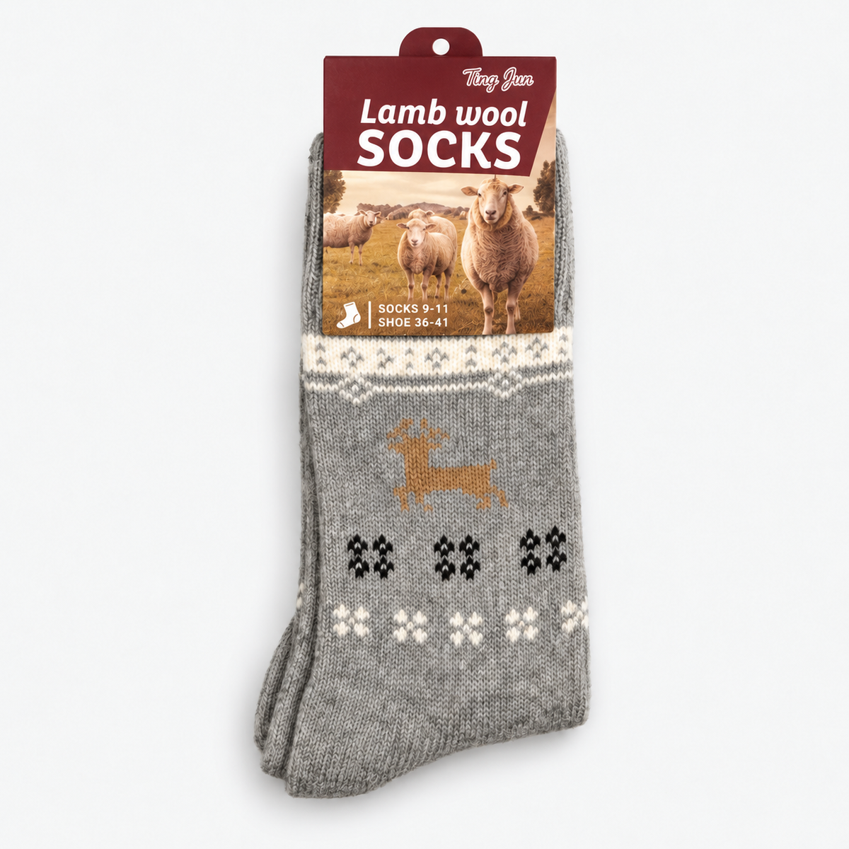 Light gray reindeer pattern winter socks, one tagged pair