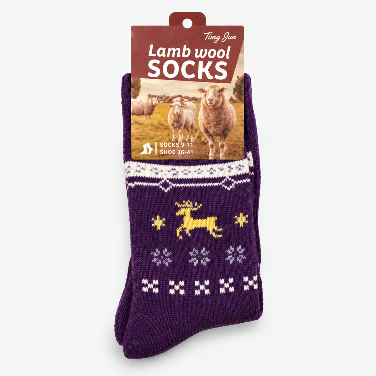 Purple reindeer pattern winter socks, one tagged pair