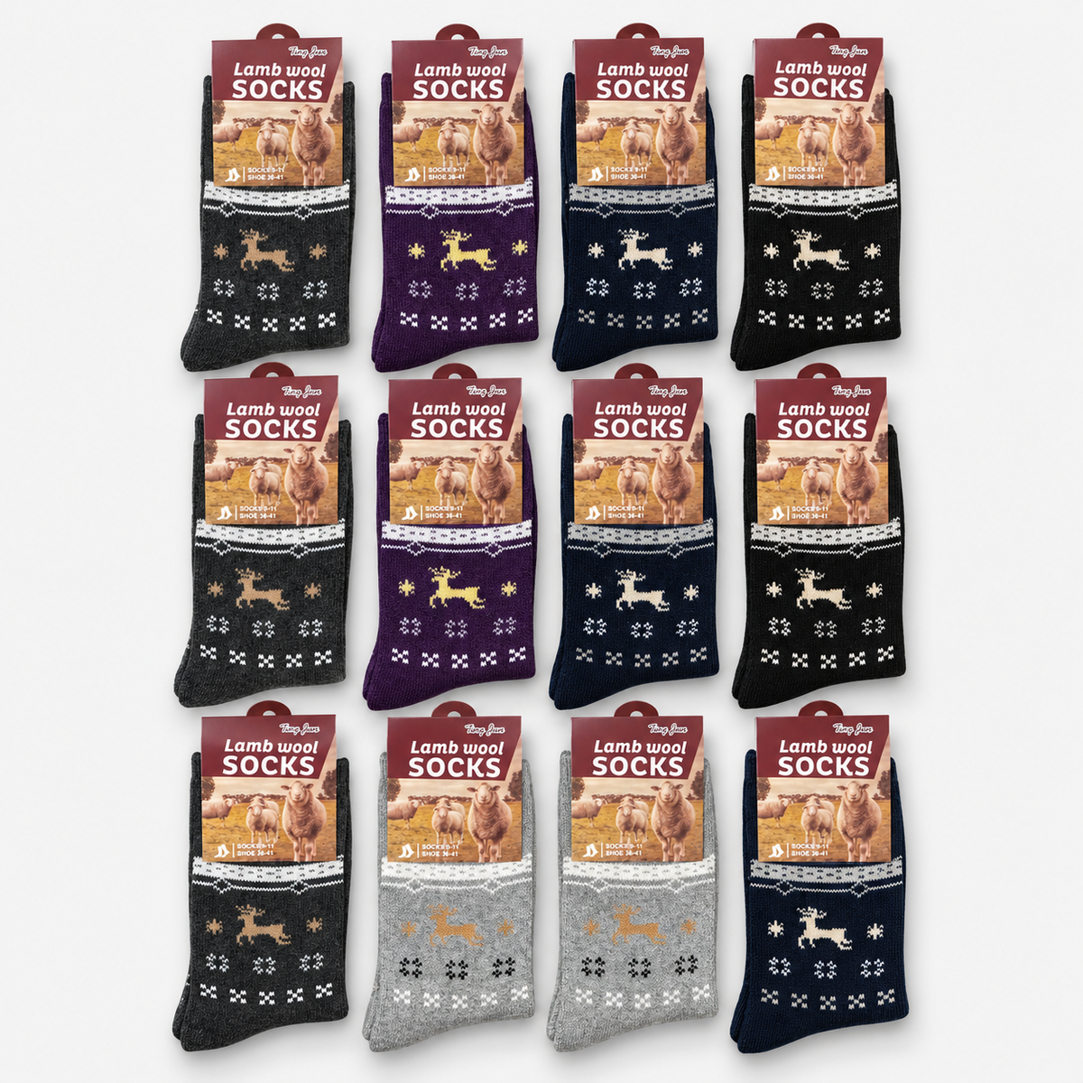 12-pair reindeer sock assortment: 3 charcoal gray, 2 purple, 3 navy, 2 black and 2 light gray