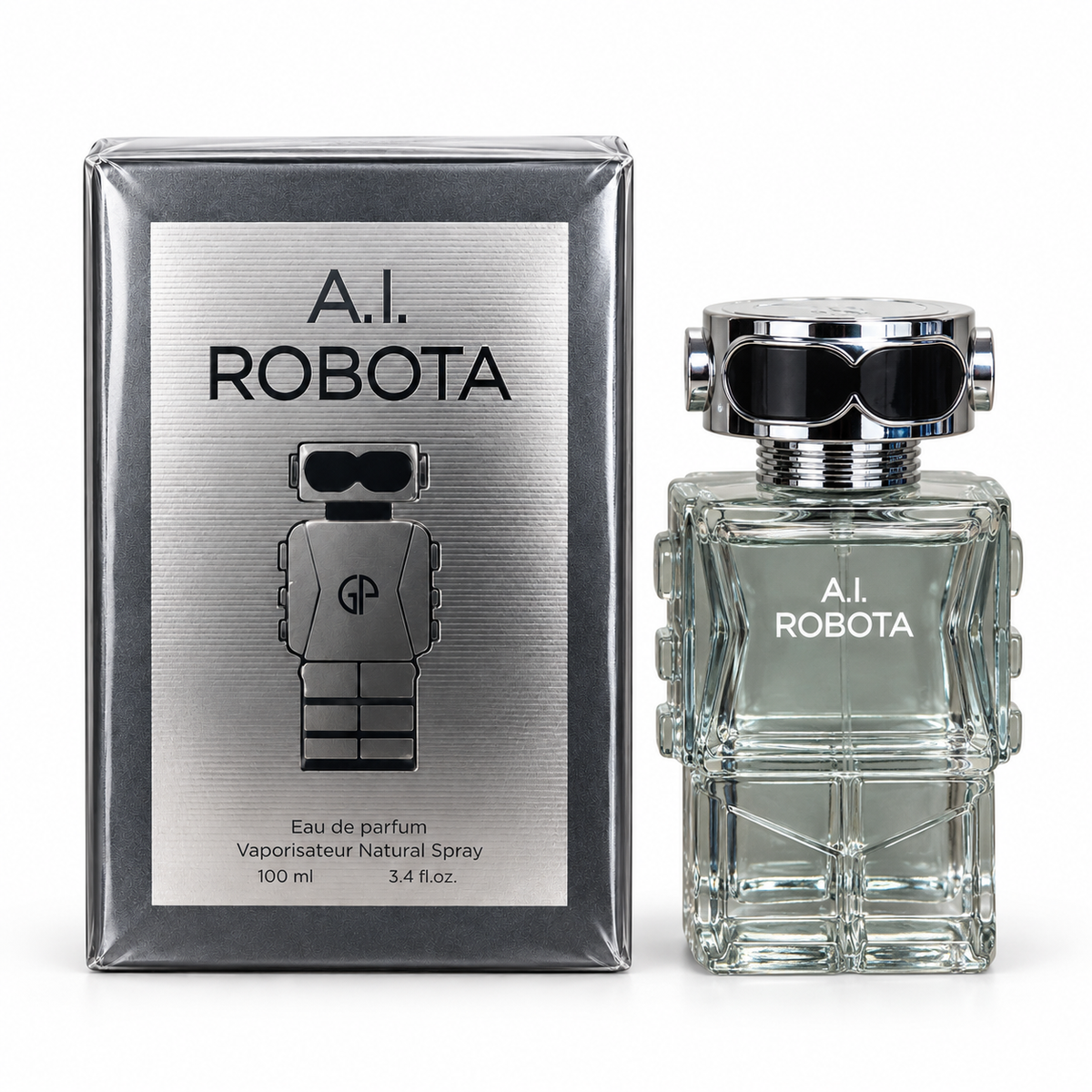 AI Robota Eau de Parfum – 100 ml bottle standing beside its matching box on a white background