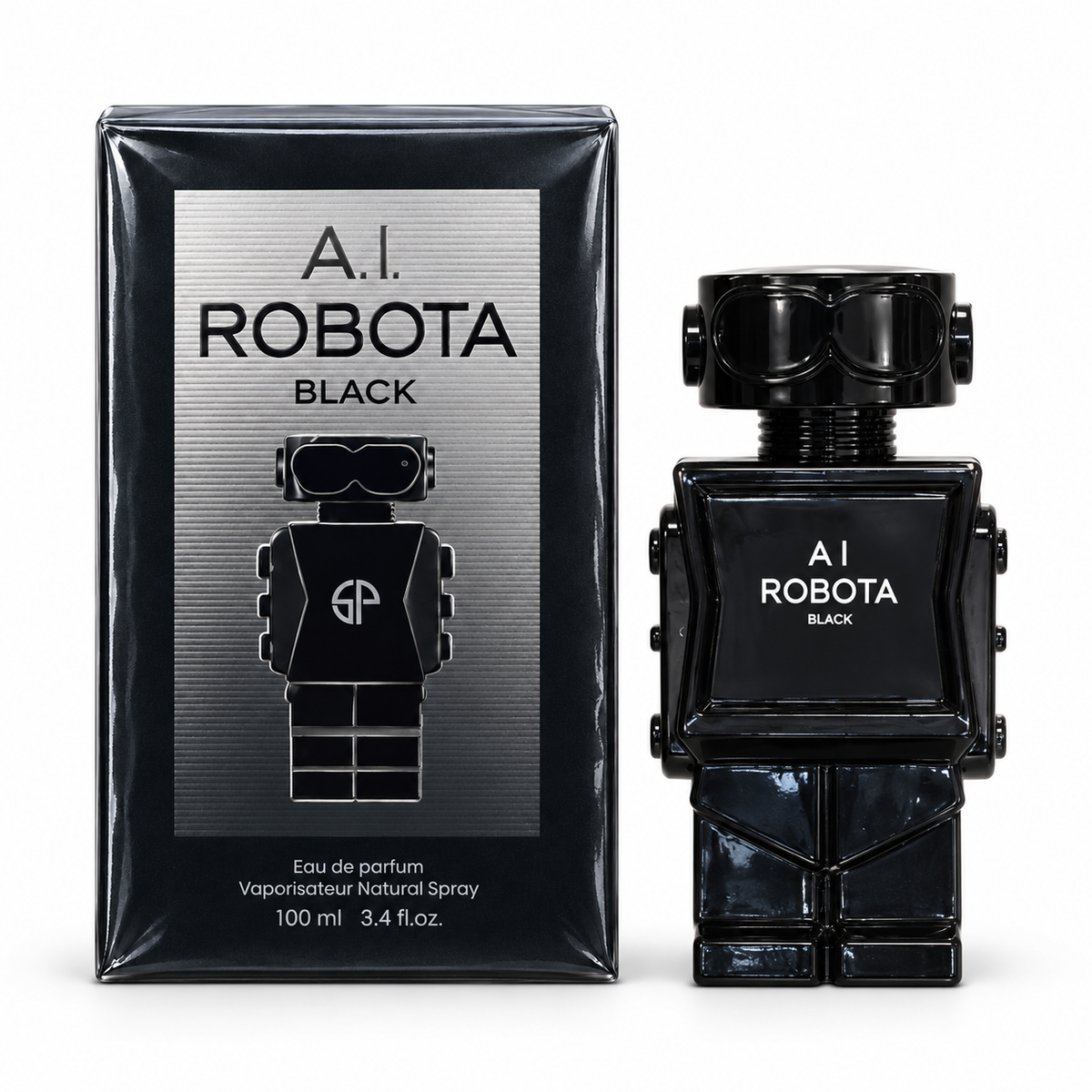 AI Robota Black Eau de Parfum – 100 ml bottle standing beside its matching box on a white background