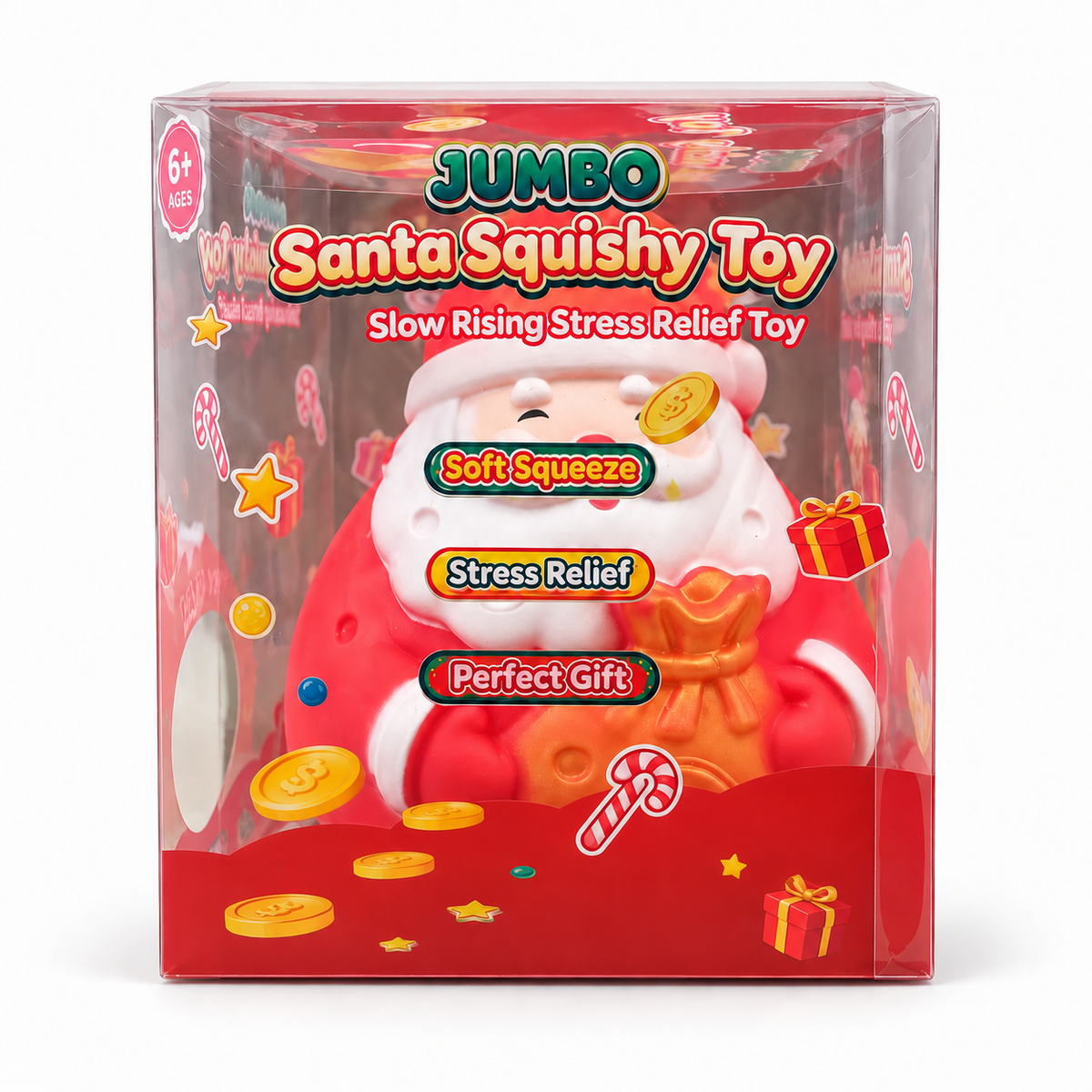 Jumbo Santa squishy toy with a red suit, white beard and golden gift sack in a clear holiday box