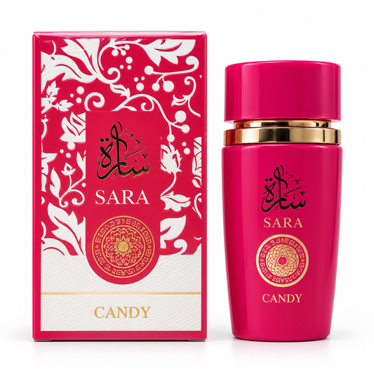 Sara Candy 100 ml eau de parfum in a vivid pink bottle with gold accents beside its red-and-white floral box
