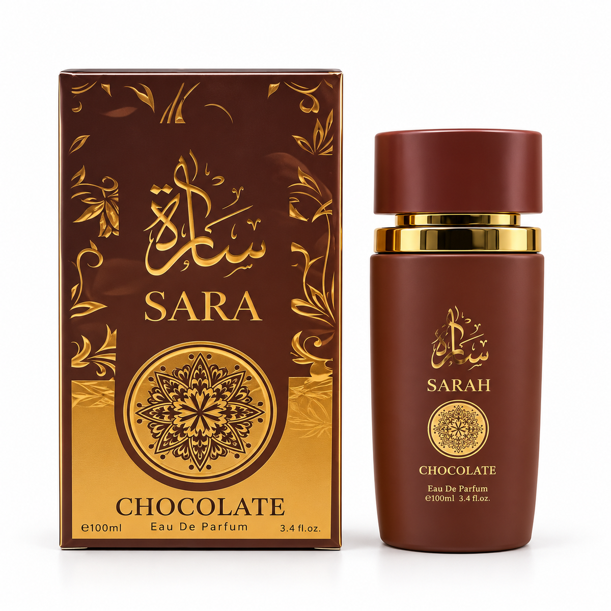Sara Chocolate 100 ml eau de parfum in a brown bottle with gold accents beside its brown-and-gold box