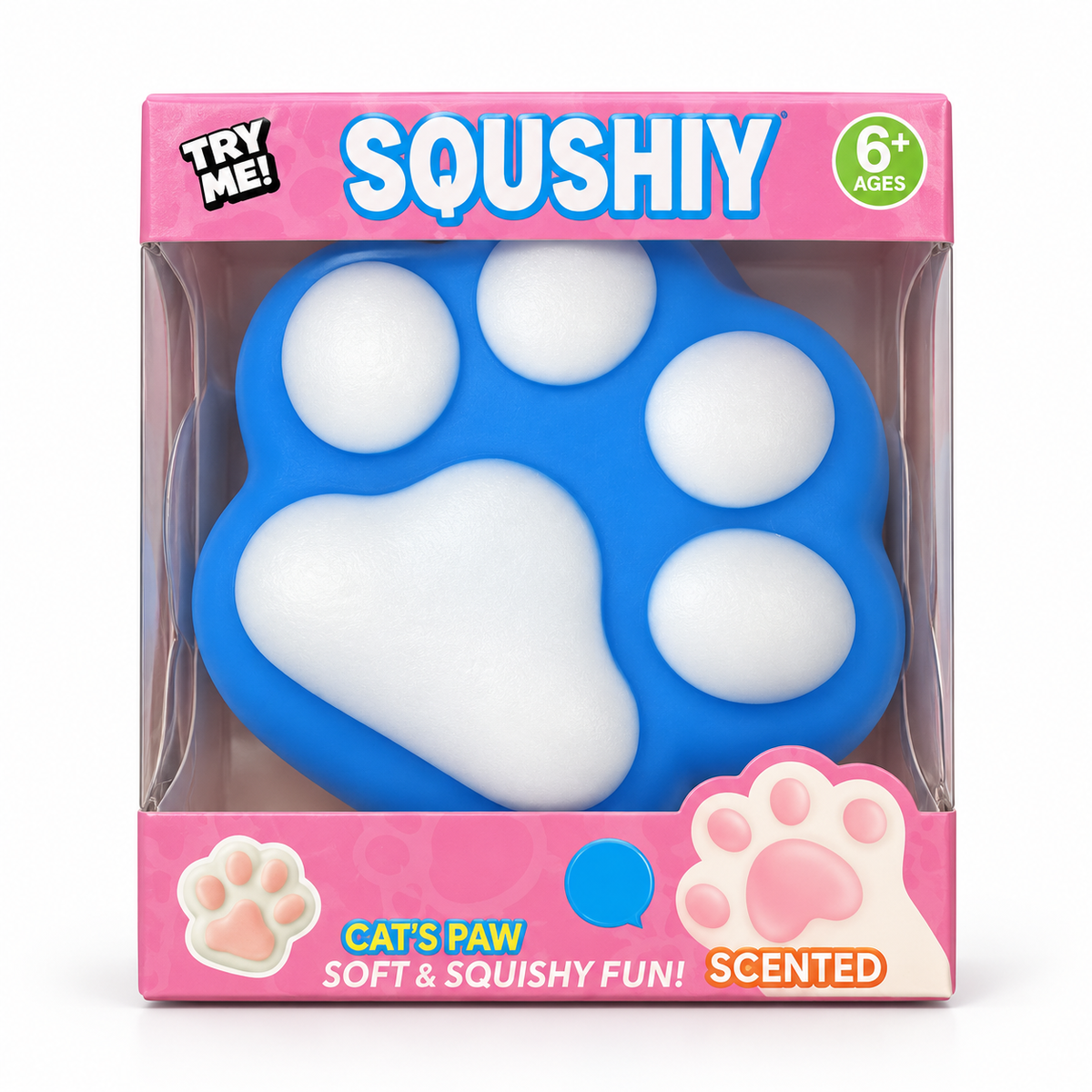 Blue Scented Cat's Paw Squishy in its individual pink retail box