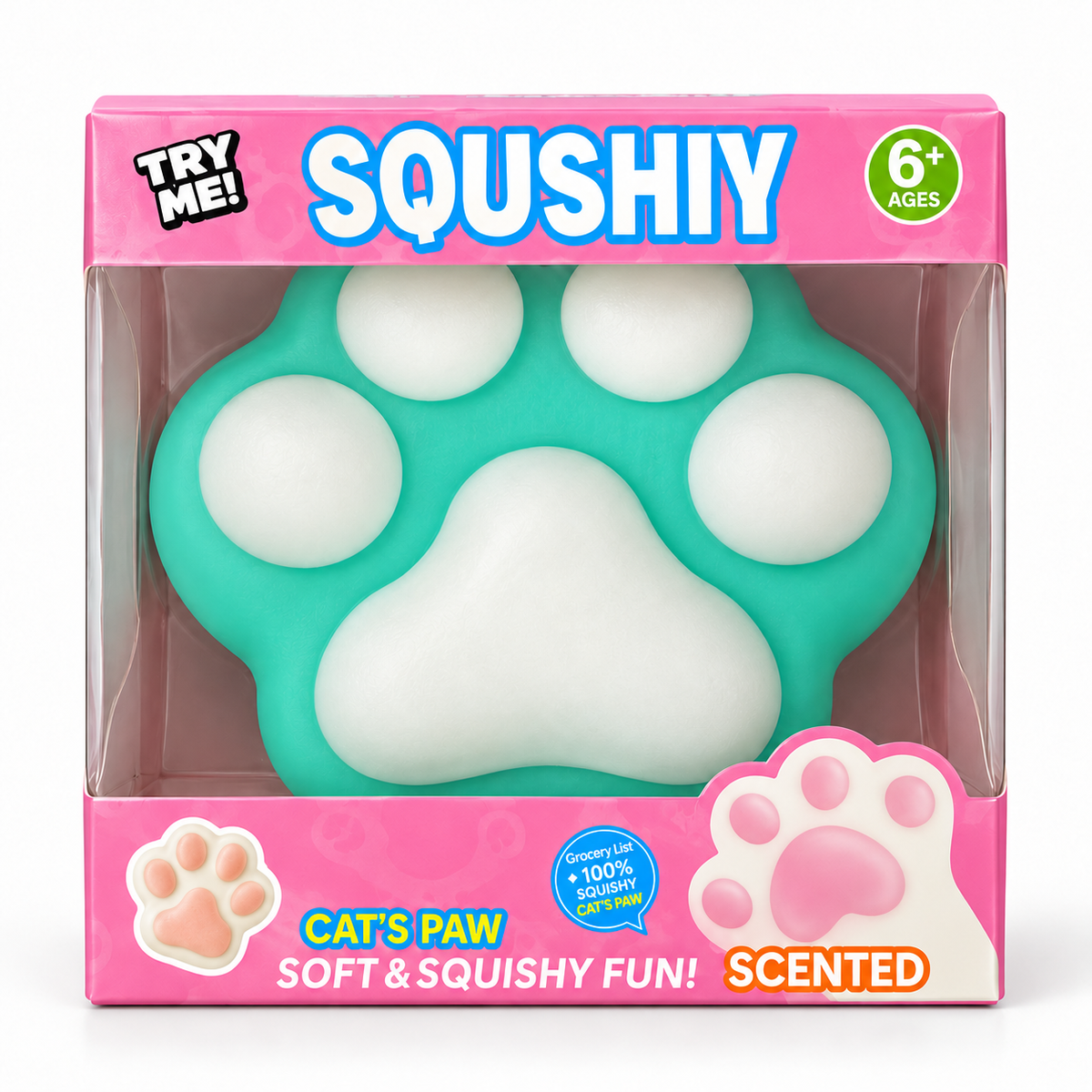 Green Scented Cat's Paw Squishy in its individual pink retail box