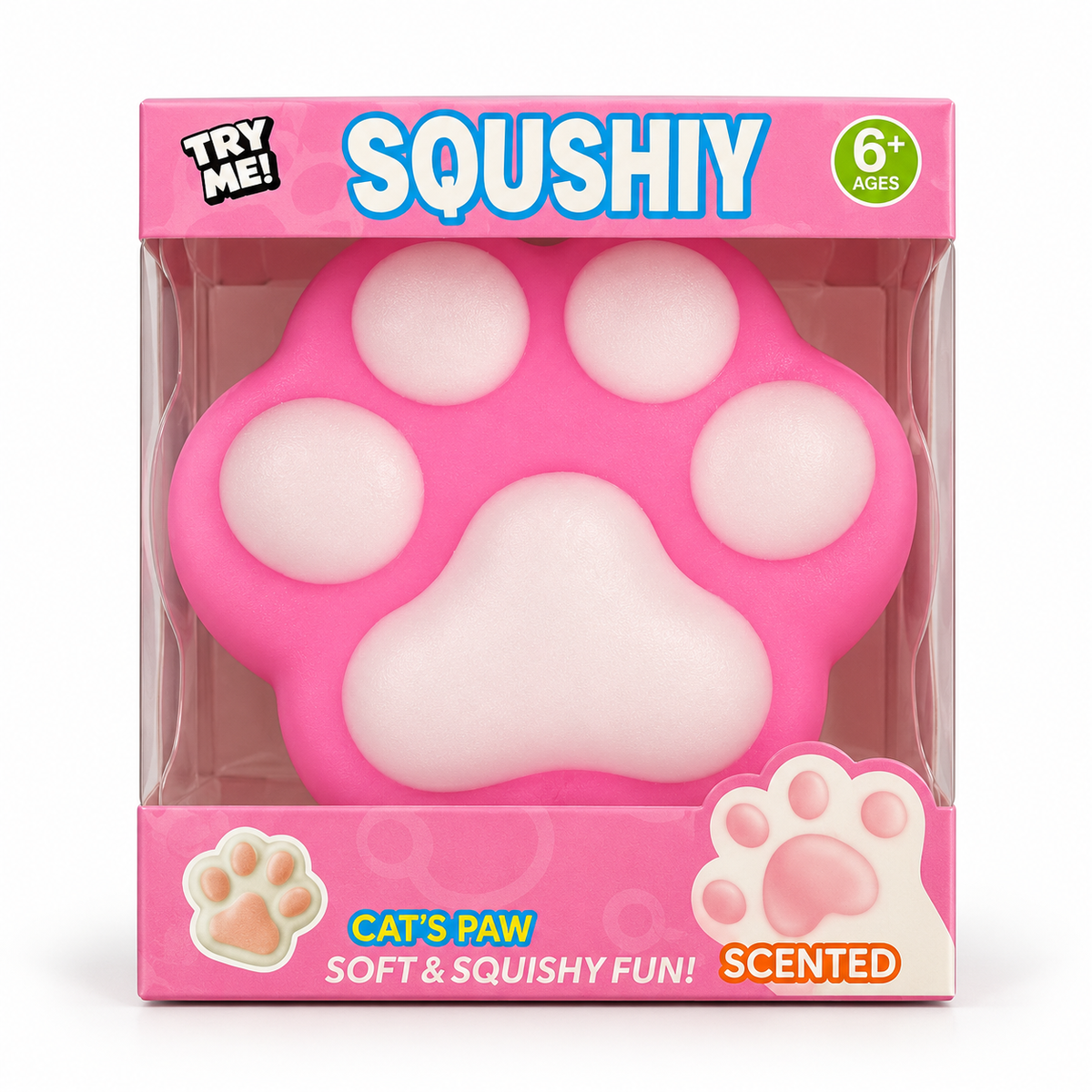 Pink Scented Cat's Paw Squishy in its individual pink retail box