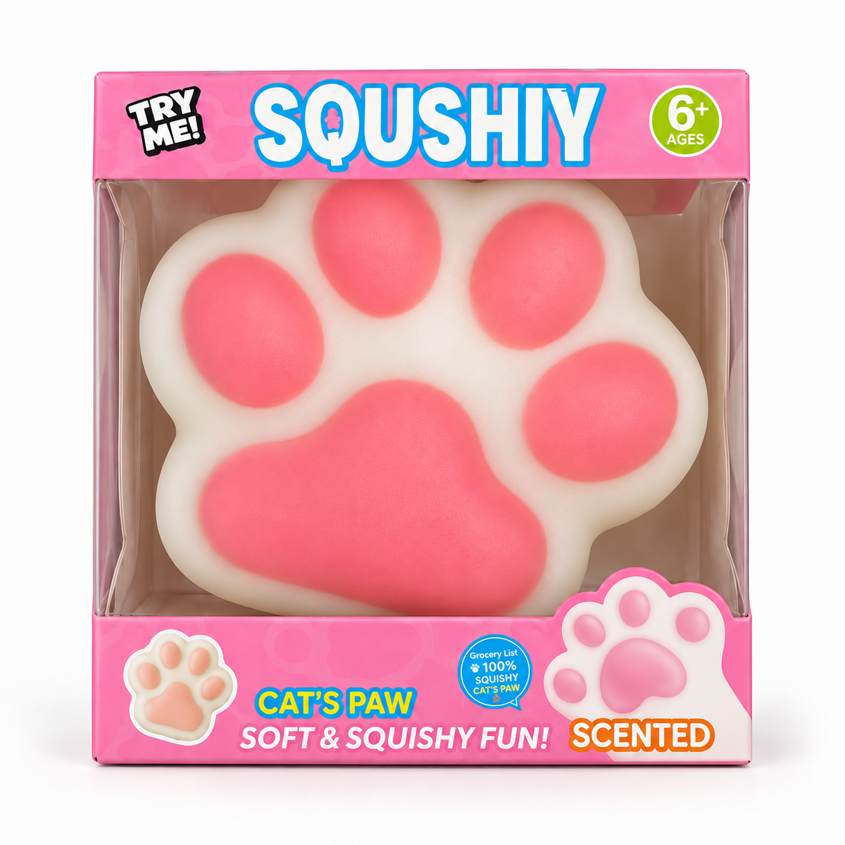 White Scented Cat's Paw Squishy in its individual pink retail box