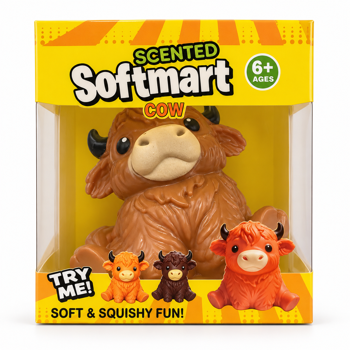 Brown scented cow squishy with textured fur, black horns and a beige muzzle in a Softmart retail box