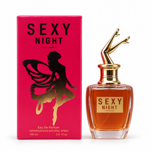 Sexy Night 100 ml eau de parfum in an amber-toned bottle with a sculptural gold-tone cap beside its pink box