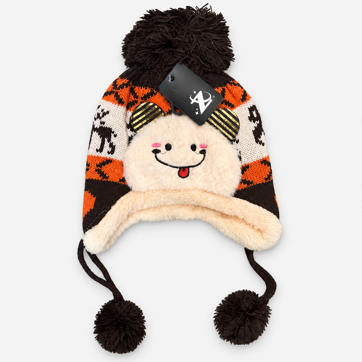 Dark Brown / Orange smiley face knit earflap hat with plush trim and pom-pom ties