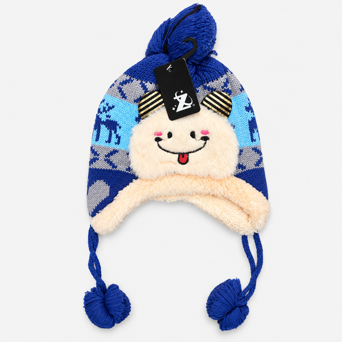 Blue / Gray smiley face knit earflap hat with plush trim and pom-pom ties
