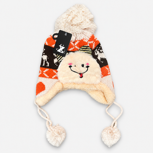 Cream / Orange smiley face knit earflap hat with plush trim and pom-pom ties